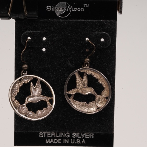 Gorgeous Vintage Sterling Silver Round Bird Themed Hanging Earrings - Picture 5 of 7